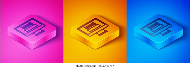 Isometric line Boxing ring show at television screen monitor icon isolated on pink and orange, blue background. Square button. Vector
