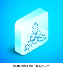 Isometric line Branch viburnum or guelder rose icon isolated on blue background. Merry Christmas and Happy New Year. Silver square button. Vector Illustration