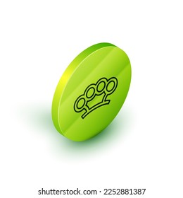 Línea isométrica Ironícono de nudillos de Brass aislados en fondo blanco. Botón Círculo verde. Vector