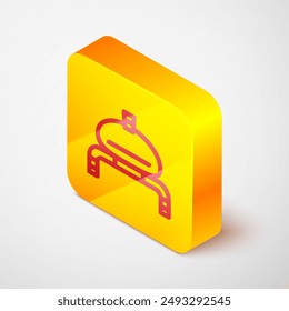 Isometric line Bread and salt on towel icon isolated on grey background. National food loaf. Traditional ukrainian wedding bread. Yellow square button. Vector