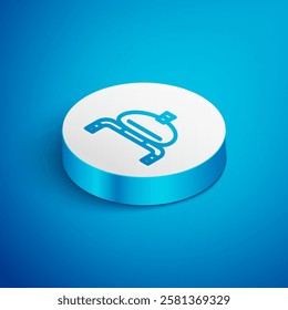 Isometric line Bread and salt on towel icon isolated on blue background. National food loaf. Traditional ukrainian wedding bread. White circle button. Vector