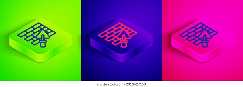 Isometric line Brick wall with trowel icon isolated on green, blue and pink background. Square button. Vector