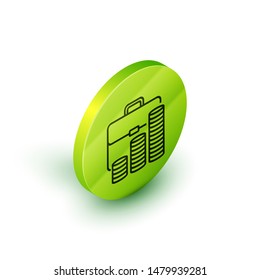 Isometric line Briefcase and coin icon isolated on white background. Business case sign. Business portfolio.  Green circle button. Vector Illustration