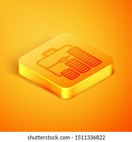 Isometric line Briefcase and coin icon isolated on orange background. Business case sign. Business portfolio.  Orange square button. Vector Illustration