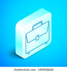 Isometric line Briefcase icon isolated on blue background. Business case sign. Business portfolio. Silver square button. Vector Illustration