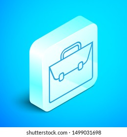 Isometric line Briefcase icon isolated on blue background. Business case sign. Business portfolio. Silver square button. Vector Illustration