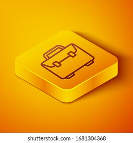 Isometric line Briefcase icon isolated on orange background. Business case sign. Business portfolio. Yellow square button. Vector Illustration