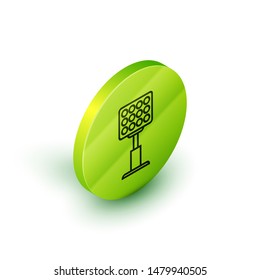 Isometric line Bright stadium lights icon isolated on white background. Spotlight on a football field. Floodlight, light projector. Green circle button. Vector Illustration