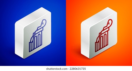 Isometric line Broken ancient column icon isolated on blue and orange background. Silver square button. Vector