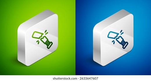 Isometric line Broken baseball bat icon isolated on green and blue background. Silver square button. Vector