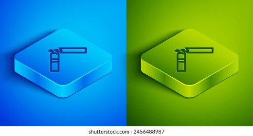 Isometric line Broken cigarette icon isolated on blue and green background. Tobacco sign. Smoking symbol. Square button. Vector