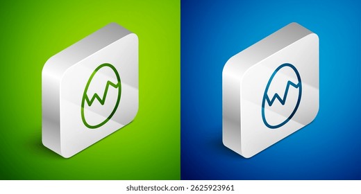 Isometric line Broken egg icon isolated on green and blue background. Happy Easter. Silver square button. Vector