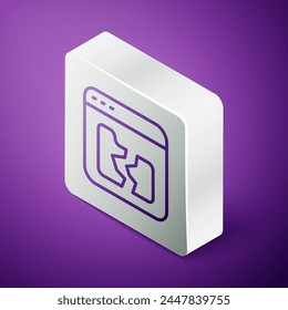 Isometric line Broken file icon isolated on purple background. Silver square button. Vector