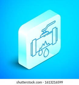 Isometric line Broken metal pipe with leaking water icon isolated on blue background. Silver square button. Vector Illustration
