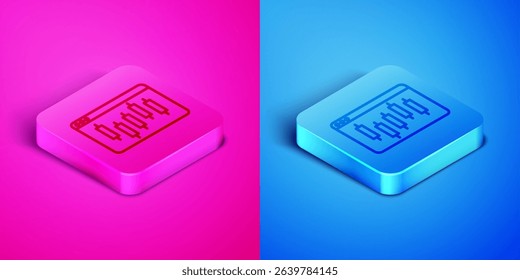 Isometric line Browser with stocks market growth graphs and money icon isolated on pink and blue background. Monitor with stock charts arrow on screen. Square button. Vector