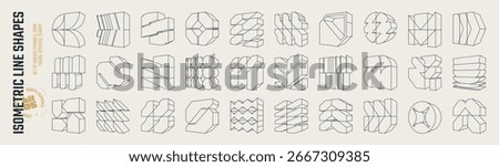 Isometric line brutal 3D shapes, Postmodern abstract geometric graphic frame elements, Brutalism volumetric carcass various form, trendy cyber design symbols in futuristic aesthetics, vector set 5