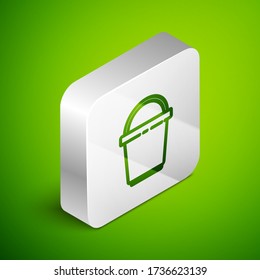 Isometric line Bucket icon isolated on green background. Cleaning service concept. Silver square button. Vector Illustration