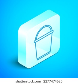 Isometric line Bucket icon isolated on blue background. Silver square button. Vector