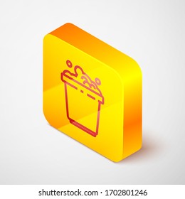 Isometric line Bucket with soap suds icon isolated on grey background. Bowl with water. Washing clothes, cleaning equipment. Yellow square button. Vector Illustration