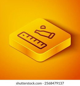 Isometric line Bullet casing as a piece of evidence placed with forensic ruler for documentation icon isolated on orange background. Concept of crime scene. Yellow square button. Vector