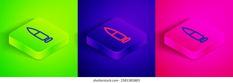 Isometric line Bullet icon isolated on green, blue and pink background. Square button. Vector