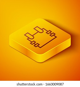 Isometric line Bulletproof vest for protection from bullets icon isolated on orange background. Body armor sign. Military clothing. Yellow square button. Vector Illustration