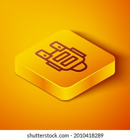 Isometric line Bulletproof vest for protection from bullets icon isolated on orange background. Body armor sign. Military clothing. Yellow square button. Vector