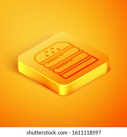 Isometric line Burger icon isolated on orange background. Hamburger icon. Cheeseburger sandwich sign. Fast food menu. Orange square button. Vector Illustration