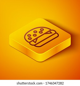 Isometrische Linie Burger Symbol isoliert auf orangefarbenem Hintergrund. Hamburger Ikone. Käseburger Sandwich-Schild. Schnelle Speisekarte. Gelbes Quadrat Vector Illustration