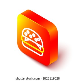 Isometric line Burger icon isolated on white background. Hamburger icon. Cheeseburger sandwich sign. Fast food menu. Orange square button. Vector Illustration