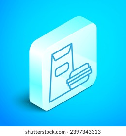 Isometric line Burger icon isolated on blue background. Hamburger icon. Cheeseburger sandwich sign. Fast food menu. Silver square button. Vector