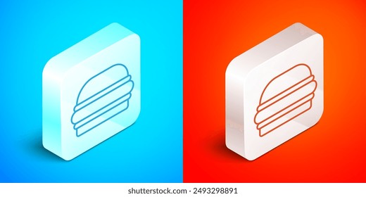 Isometric line Burger icon isolated on blue and red background. Hamburger icon. Cheeseburger sandwich sign. Fast food menu. Silver square button. Vector
