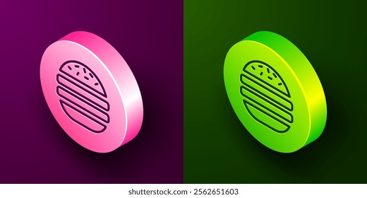 Isometric line Burger icon isolated on purple and green background. Hamburger icon. Cheeseburger sandwich sign. Fast food menu. Circle button. Vector