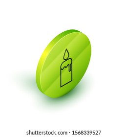 Isometric line Burning candle in candlestick icon isolated on white background. Cylindrical candle stick with burning flame. Green circle button. Vector Illustration