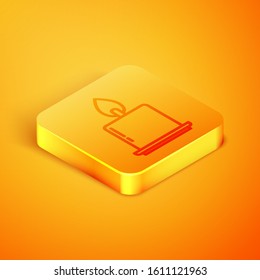Isometric line Burning candle in candlestick icon isolated on orange background. Cylindrical candle stick with burning flame. Orange square button. Vector Illustration