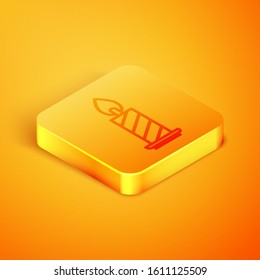 Isometric line Burning candle in candlestick icon isolated on orange background. Cylindrical candle stick with burning flame. Orange square button. Vector Illustration