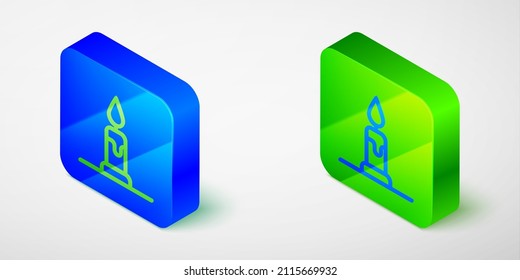Isometric line Burning candle in candlestick icon isolated grey background. Cylindrical candle stick with burning flame. Blue and green square button. Vector