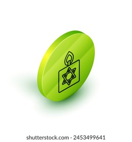 Isometric line Burning candle in candlestick with star of david icon isolated on white background. Cylindrical candle stick with burning flame. Green circle button. Vector
