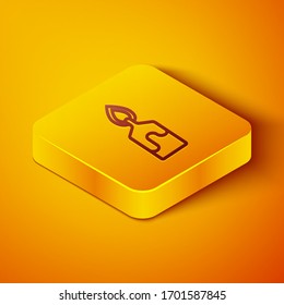 Isometric line Burning candle icon isolated on orange background. Cylindrical candle stick with burning flame. Yellow square button. Vector Illustration