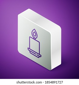 Isometric line Burning candle icon isolated on purple background. Cylindrical aromatic candle stick with burning flame. Happy Halloween party. Silver square button. Vector