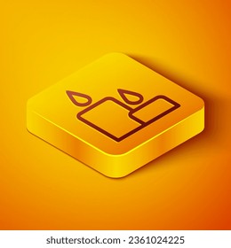 Isometric line Burning candle icon isolated on orange background. Cylindrical candle stick with burning flame. Yellow square button. Vector Illustration