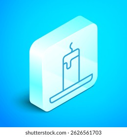 Isometric line Burning candle icon isolated on blue background. Cylindrical candle stick with burning flame. Silver square button. Vector