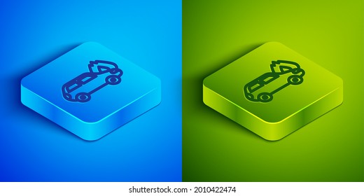Isometric line Burning car icon isolated on blue and green background. Car on fire. Broken auto covered with fire and smoke. Square button. Vector