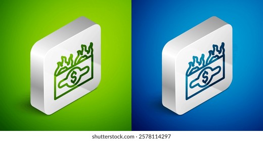 Isometric line Burning dollar bill icon isolated on green and blue background. Dollar bill on fire. Burning of savings. Silver square button. Vector