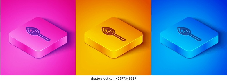 Isometric line Burning match with fire icon isolated on pink and orange, blue background. Match with fire. Matches sign. Square button. Vector