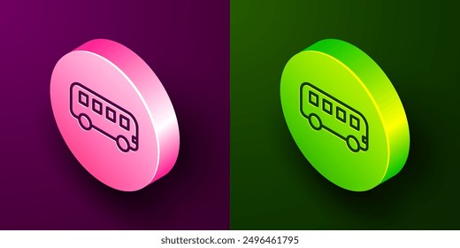 Isometric line Bus toy icon isolated on purple and green background. Circle button. Vector