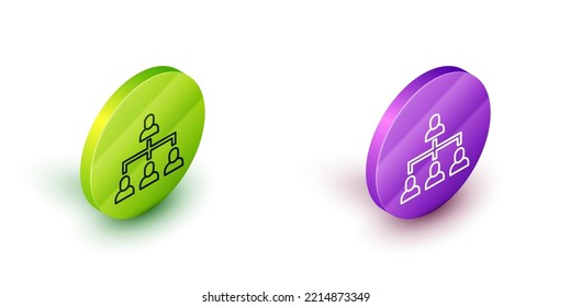 Isometric line Business hierarchy organogram chart infographics icon isolated on white background. Corporate organizational structure graphic elements. Green and purple circle buttons. Vector