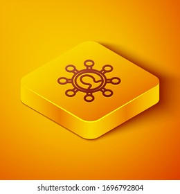 Isometric line Business network and communication icon isolated on orange background. Strong network marketing, influence, and leadership. Yellow square button. Vector Illustration