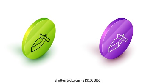 Isometric Line Butter In A Butter Dish Icon Isolated On White Background. Butter Brick On Plate. Milk Based Product. Natural Dairy Product. Green And Purple Circle Buttons. Vector