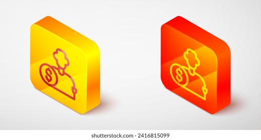 Isometric line Buy football or soccer player icon isolated on grey background. Yellow and orange square button. Vector
